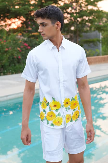 House Of Koa_Off White Cotton Hand Paint Sunflower Meadow Shirt _Online_at_Aza_Fashions