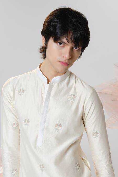 Buy House Of Koa Off White Chanderi, Cotton Zen Garden Louts Motif Embroidered Kurta With Pant Buy_House Of Koa_Off White Chanderi, Cotton Zen Garden Louts Motif Embroidered Kurta With Pant