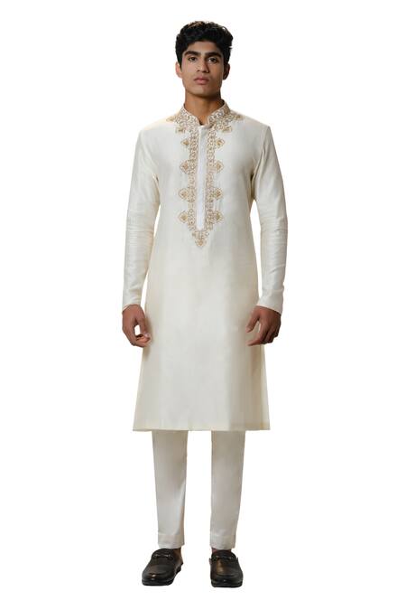 Shop House Of Koa White Chanderi, Cotton Satin Embroidery Front Pati Kurta With Pant Online at Aza Fashions Shop_House Of Koa_White Chanderi, Cotton Satin Embroidery Front Pati Kurta With Pant _Online_at_Aza_Fashions