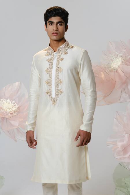 House Of Koa White Chanderi, Cotton Satin Embroidery Front Pati Kurta With Pant at Aza Fashions House Of Koa_White Chanderi, Cotton Satin Embroidery Front Pati Kurta With Pant _at_Aza_Fashions