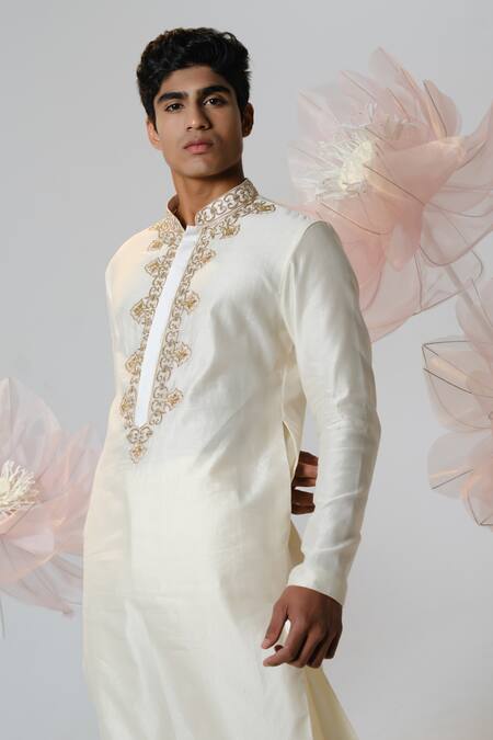 Shop House Of Koa White Chanderi, Cotton Satin Embroidery Front Pati Kurta With Pant Shop_House Of Koa_White Chanderi, Cotton Satin Embroidery Front Pati Kurta With Pant