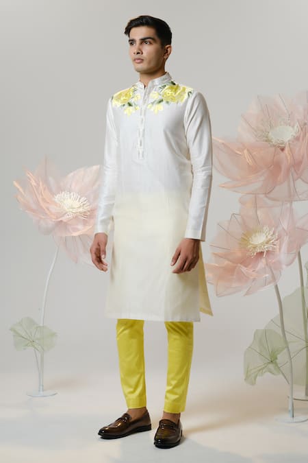 House Of Koa White Chanderi Sequins, Beads Orentail Rose Embroidered Shoulder Kurta Online at Aza Fashions House Of Koa_White Chanderi Sequins, Beads Orentail Rose Embroidered Shoulder Kurta _Online_at_Aza_Fashions