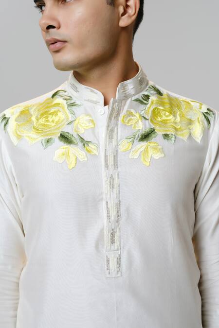 Shop House Of Koa White Chanderi Sequins, Beads Orentail Rose Embroidered Shoulder Kurta Online at Aza Fashions Shop_House Of Koa_White Chanderi Sequins, Beads Orentail Rose Embroidered Shoulder Kurta _Online_at_Aza_Fashions