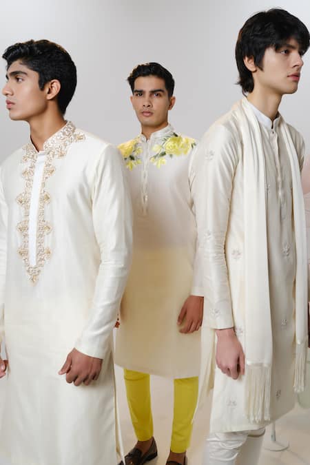 House Of Koa White Chanderi Sequins, Beads Orentail Rose Embroidered Shoulder Kurta at Aza Fashions House Of Koa_White Chanderi Sequins, Beads Orentail Rose Embroidered Shoulder Kurta _at_Aza_Fashions