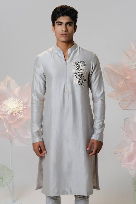 Shop House Of Koa Grey Chanderi, Cotton Satin Embroidery Imperial Roar Kurta With Pant at Aza Fashions Shop_House Of Koa_Grey Chanderi, Cotton Satin Embroidery Imperial Roar Kurta With Pant _at_Aza_Fashions