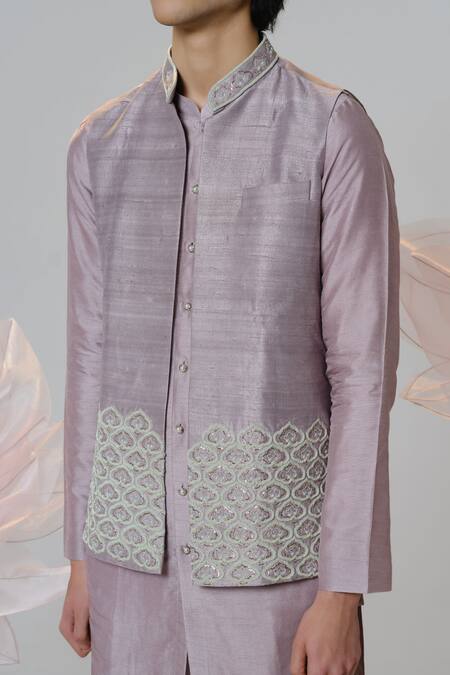Buy House Of Koa Lavender Kurta Chanderi Embroidered Zardozi Bandi And Set Online at Aza Fashions Buy_House Of Koa_Lavender Kurta Chanderi Embroidered Zardozi Bandi And Set _Online_at_Aza_Fashions