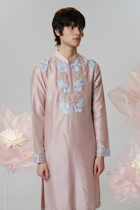 Shop House Of Koa Pink Chanderi, Cotton Satin Pearls, Zari Rose Embroidered Kurta With Pant at Aza Fashions Shop_House Of Koa_Pink Chanderi, Cotton Satin Pearls, Zari Rose Embroidered Kurta With Pant _at_Aza_Fashions