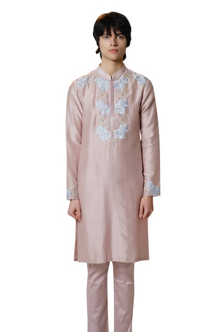 House Of Koa Pink Chanderi, Cotton Satin Pearls, Zari Rose Embroidered Kurta With Pant Online at Aza Fashions House Of Koa_Pink Chanderi, Cotton Satin Pearls, Zari Rose Embroidered Kurta With Pant _Online_at_Aza_Fashions