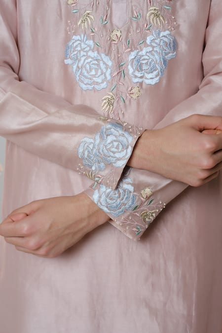 Buy House Of Koa Pink Chanderi, Cotton Satin Pearls, Zari Rose Embroidered Kurta With Pant Online at Aza Fashions Buy_House Of Koa_Pink Chanderi, Cotton Satin Pearls, Zari Rose Embroidered Kurta With Pant _Online_at_Aza_Fashions