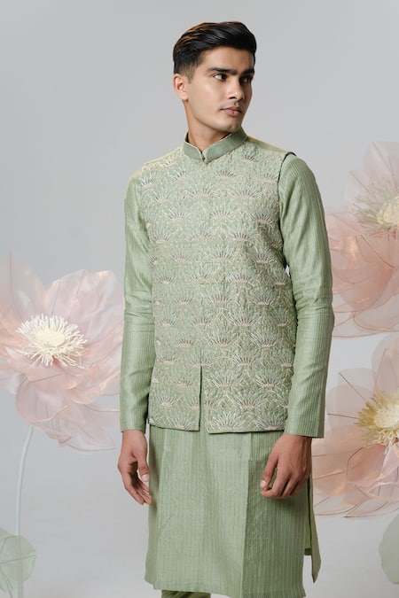 Shop House Of Koa Green Kurta Chanderi Embroidered Glass Bead Lotus Bandi And Set at Aza Fashions Shop_House Of Koa_Green Kurta Chanderi Embroidered Glass Bead Lotus Bandi And Set _at_Aza_Fashions