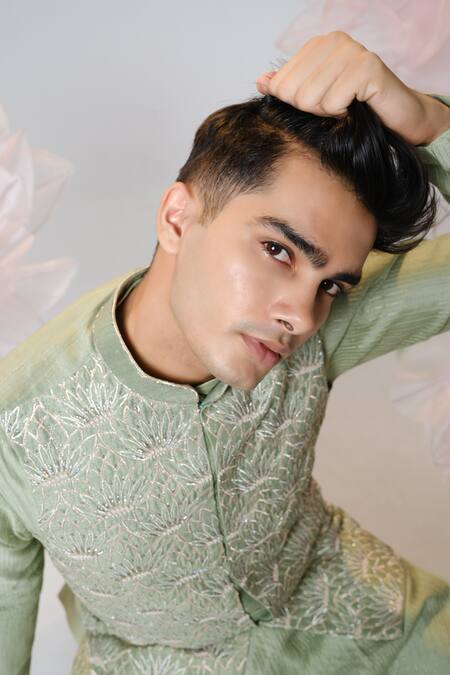 Buy House Of Koa Green Kurta Chanderi Embroidered Glass Bead Lotus Bandi And Set Online at Aza Fashions Buy_House Of Koa_Green Kurta Chanderi Embroidered Glass Bead Lotus Bandi And Set _Online_at_Aza_Fashions