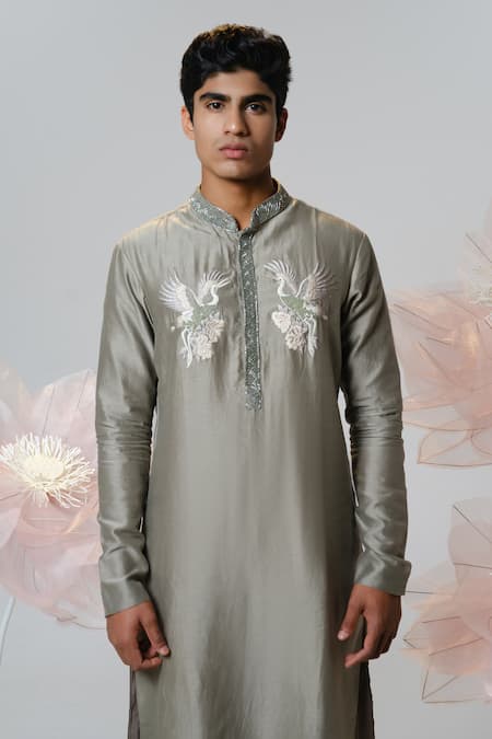 Shop House Of Koa Green Chanderi, Cotton Satin Sequins, Beads Crane Embroidered Kurta With Pant at Aza Fashions Shop_House Of Koa_Green Chanderi, Cotton Satin Sequins, Beads Crane Embroidered Kurta With Pant _at_Aza_Fashions