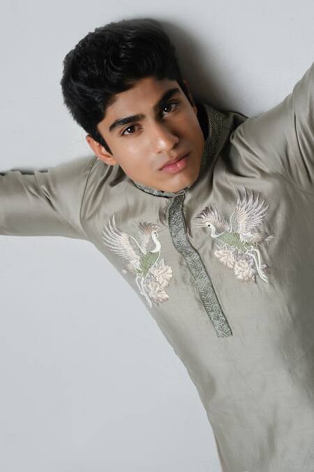 Buy House Of Koa Green Chanderi, Cotton Satin Sequins, Beads Crane Embroidered Kurta With Pant Online at Aza Fashions Buy_House Of Koa_Green Chanderi, Cotton Satin Sequins, Beads Crane Embroidered Kurta With Pant _Online_at_Aza_Fashions