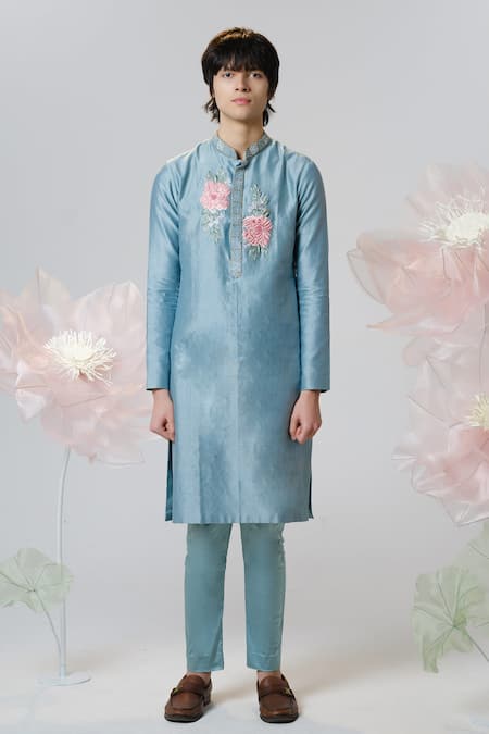 House of KOA Blue Kurta Chanderi Embroidered Glass Bead Peony Opulence With Pant 