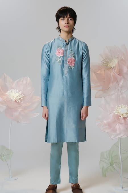 Shop House Of Koa Blue Chanderi, Cotton Satin Embroidery Peony Opulence Kurta With Pant at Aza Fashions Shop_House Of Koa_Blue Chanderi, Cotton Satin Embroidery Peony Opulence Kurta With Pant _at_Aza_Fashions
