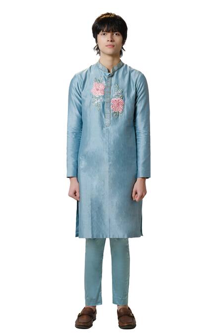 Buy House Of Koa Blue Chanderi, Cotton Satin Embroidery Peony Opulence Kurta With Pant Online at Aza Fashions Buy_House Of Koa_Blue Chanderi, Cotton Satin Embroidery Peony Opulence Kurta With Pant _Online_at_Aza_Fashions