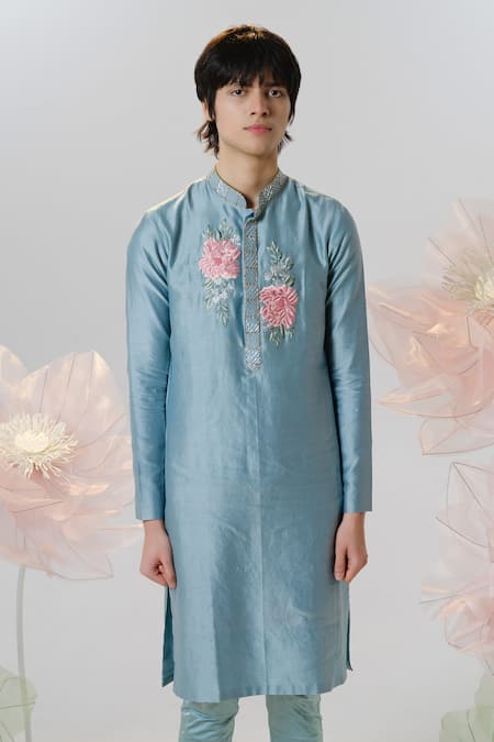 Shop House Of Koa Blue Chanderi, Cotton Satin Embroidery Peony Opulence Kurta With Pant Online at Aza Fashions Shop_House Of Koa_Blue Chanderi, Cotton Satin Embroidery Peony Opulence Kurta With Pant _Online_at_Aza_Fashions