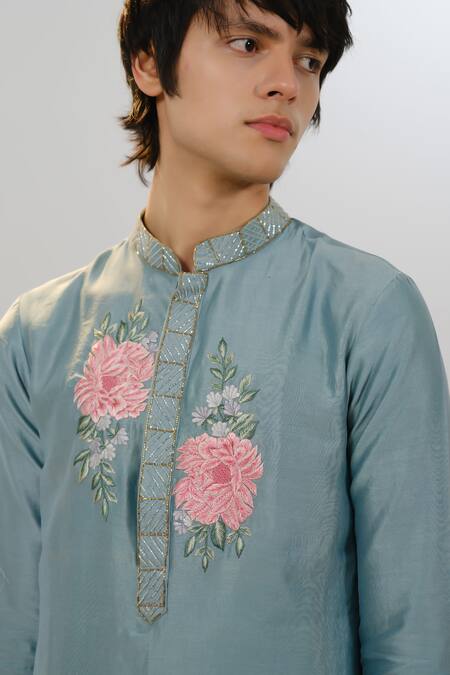 House Of Koa Blue Chanderi, Cotton Satin Embroidery Peony Opulence Kurta With Pant at Aza Fashions House Of Koa_Blue Chanderi, Cotton Satin Embroidery Peony Opulence Kurta With Pant _at_Aza_Fashions