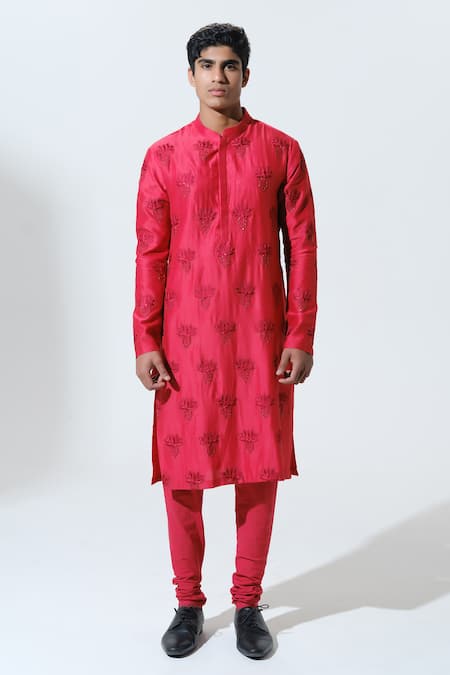 Shop House Of Koa Red Chanderi, Cotton Satin Embroidery Sacred Lout Kurta With Pant at Aza Fashions Shop_House Of Koa_Red Chanderi, Cotton Satin Embroidery Sacred Lout Kurta With Pant _at_Aza_Fashions