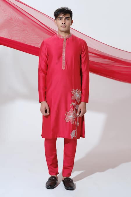 Shop House Of Koa Red Chanderi, Cotton Satin Embroidery Divine Louts Kurta With Pant at Aza Fashions Shop_House Of Koa_Red Chanderi, Cotton Satin Embroidery Divine Louts Kurta With Pant _at_Aza_Fashions