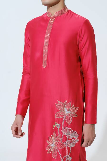 House Of Koa Red Chanderi, Cotton Satin Embroidery Divine Louts Kurta With Pant Online at Aza Fashions House Of Koa_Red Chanderi, Cotton Satin Embroidery Divine Louts Kurta With Pant _Online_at_Aza_Fashions