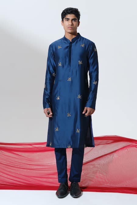 Shop House Of Koa Blue Chanderi, Cotton Satin Embroidery Abstract Kurta With Pant at Aza Fashions Shop_House Of Koa_Blue Chanderi, Cotton Satin Embroidery Abstract Kurta With Pant _at_Aza_Fashions