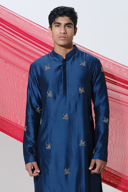 Shop House Of Koa Blue Chanderi, Cotton Satin Embroidery Abstract Kurta With Pant Online at Aza Fashions Shop_House Of Koa_Blue Chanderi, Cotton Satin Embroidery Abstract Kurta With Pant _Online_at_Aza_Fashions