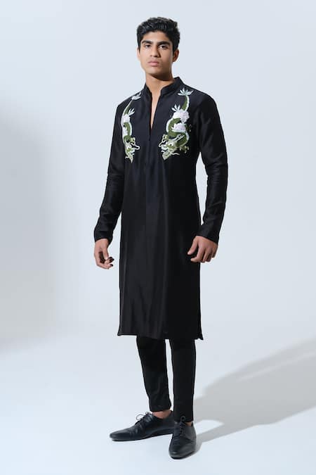 House of KOA Black Kurta Chanderi Embroidered Glass Bead Dragon Dynasty With Pant 