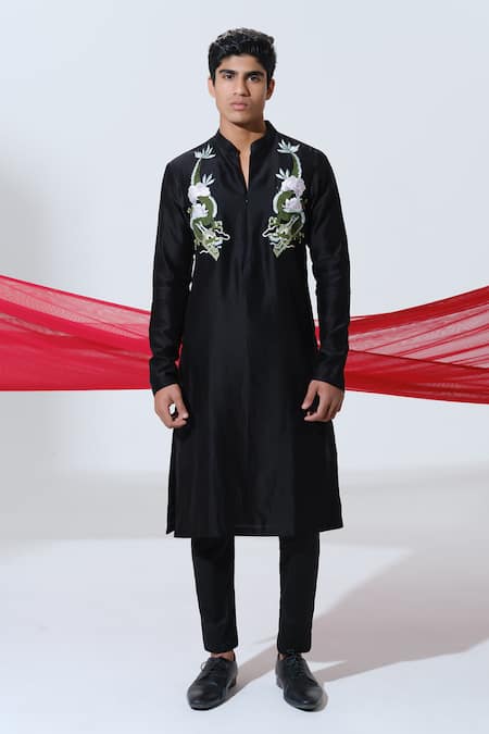 Shop House Of Koa Black Chanderi, Cotton Satin Embroidery Dragon Dynasty Kurta With Pant at Aza Fashions Shop_House Of Koa_Black Chanderi, Cotton Satin Embroidery Dragon Dynasty Kurta With Pant _at_Aza_Fashions