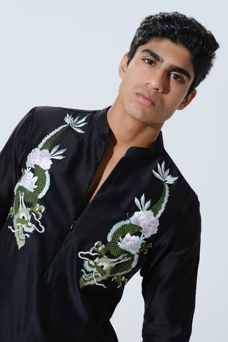 House Of Koa Black Chanderi, Cotton Satin Embroidery Dragon Dynasty Kurta With Pant Online at Aza Fashions House Of Koa_Black Chanderi, Cotton Satin Embroidery Dragon Dynasty Kurta With Pant _Online_at_Aza_Fashions