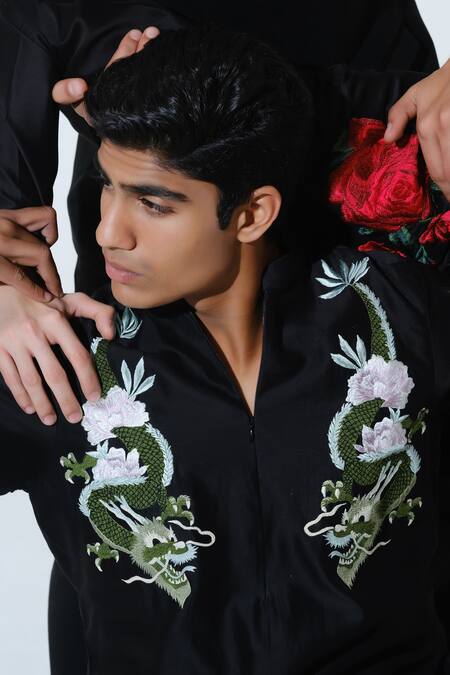 Shop House Of Koa Black Chanderi, Cotton Satin Embroidery Dragon Dynasty Kurta With Pant Online at Aza Fashions Shop_House Of Koa_Black Chanderi, Cotton Satin Embroidery Dragon Dynasty Kurta With Pant _Online_at_Aza_Fashions
