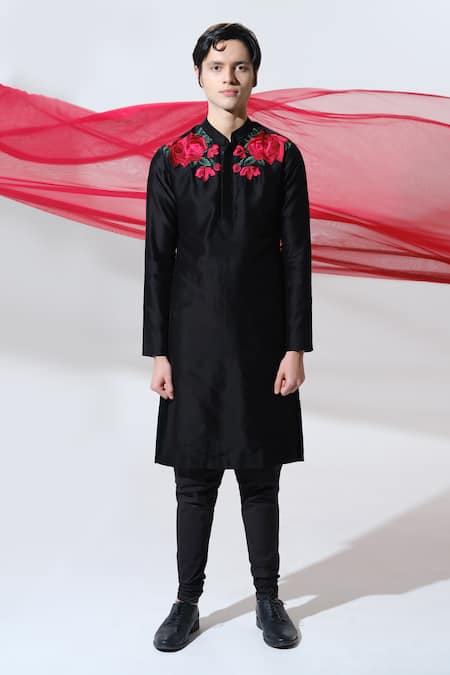 Shop House Of Koa Black Chanderi, Cotton Satin Embroidery Orentail Rose Kurta With Pant at Aza Fashions Shop_House Of Koa_Black Chanderi, Cotton Satin Embroidery Orentail Rose Kurta With Pant _at_Aza_Fashions