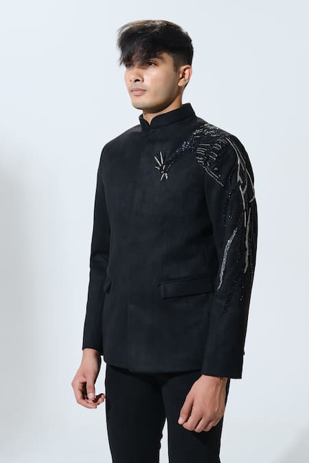 Shop House Of Koa Black Suede Embroidery Majestic Phoenix Bandhgala With Pant at Aza Fashions Shop_House Of Koa_Black Suede Embroidery Majestic Phoenix Bandhgala With Pant _at_Aza_Fashions