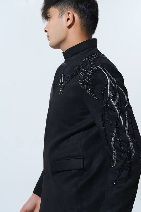 Buy House Of Koa Black Suede Embroidery Majestic Phoenix Bandhgala With Pant Online at Aza Fashions Buy_House Of Koa_Black Suede Embroidery Majestic Phoenix Bandhgala With Pant _Online_at_Aza_Fashions