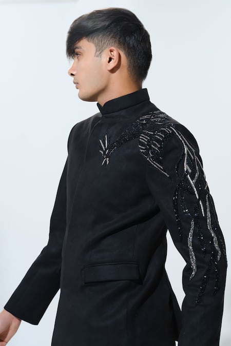 Shop House Of Koa Black Suede Embroidery Majestic Phoenix Bandhgala With Pant Online at Aza Fashions Shop_House Of Koa_Black Suede Embroidery Majestic Phoenix Bandhgala With Pant _Online_at_Aza_Fashions