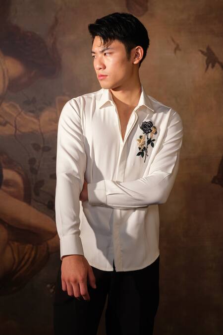 House Of Koa White Crepe Embroidered Floral Applique Classic Romance Work Shirt Online at Aza Fashions House Of Koa_White Crepe Embroidered Floral Applique Classic Romance Work Shirt _Online_at_Aza_Fashions