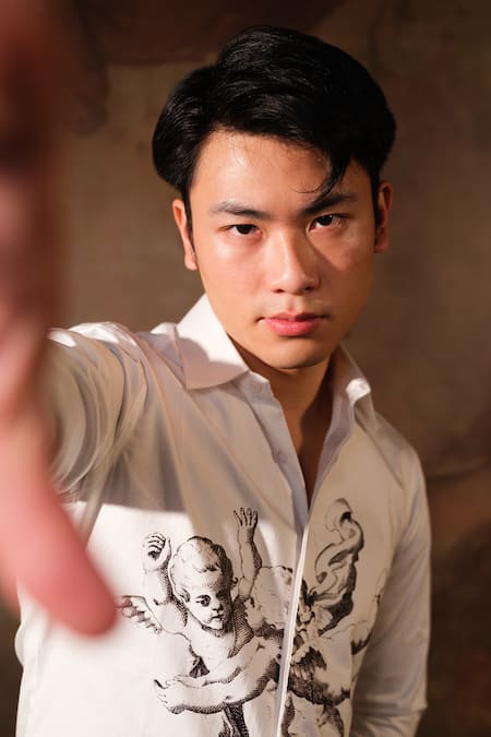 House Of Koa White Cotton Satin Printed Cupid Touch Shirt Online at Aza Fashions House Of Koa_White Cotton Satin Printed Cupid Touch Shirt _Online_at_Aza_Fashions