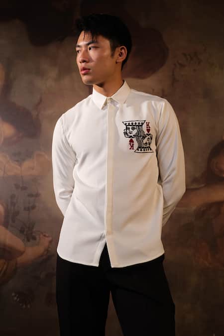 House Of Koa_White Crepe Embroidered Thread His Majesty Shirt _Online_at_Aza_Fashions