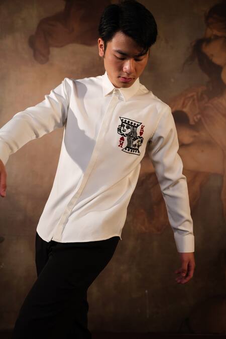 Buy_House Of Koa_White Crepe Embroidered Thread His Majesty Shirt _Online_at_Aza_Fashions