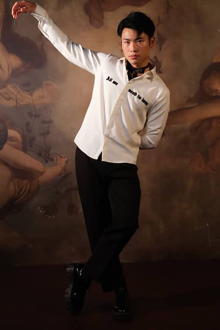 House Of Koa_White Crepe Embroidered Thread Love Note Shirt _Online_at_Aza_Fashions