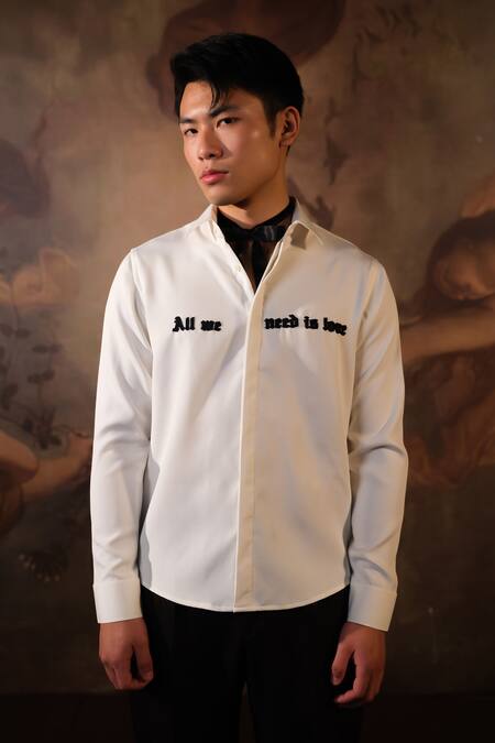 Buy_House Of Koa_White Crepe Embroidered Thread Love Note Shirt _Online_at_Aza_Fashions