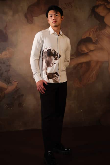 Shop House Of Koa White Crepe Staue Of David Print Shirt at Aza Fashions Shop_House Of Koa_White Crepe Staue Of David Print Shirt _at_Aza_Fashions