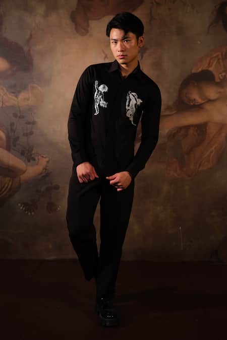 House Of Koa Black Cotton Satin Printed Cherub Shirt Online at Aza Fashions House Of Koa_Black Cotton Satin Printed Cherub Shirt _Online_at_Aza_Fashions