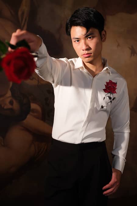 Shop House Of Koa White Cotton Satin Handpainted Rose Garden Shirt at Aza Fashions Shop_House Of Koa_White Cotton Satin Handpainted Rose Garden Shirt _at_Aza_Fashions