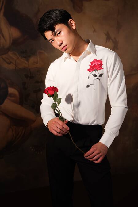 House Of Koa White Cotton Satin Handpainted Rose Garden Shirt Online at Aza Fashions House Of Koa_White Cotton Satin Handpainted Rose Garden Shirt _Online_at_Aza_Fashions