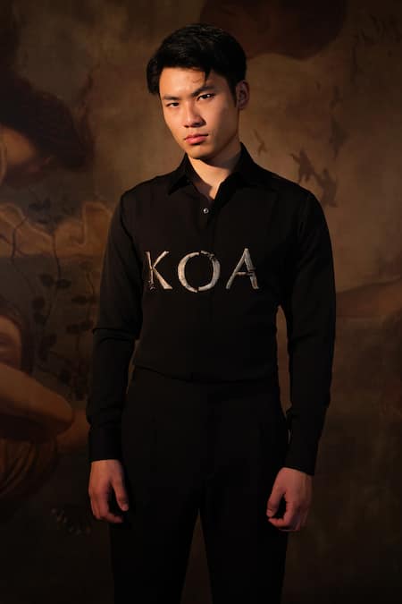 Shop House Of Koa Black Crepe Embroidered Logo Shirt at Aza Fashions Shop_House Of Koa_Black Crepe Embroidered Logo Shirt _at_Aza_Fashions