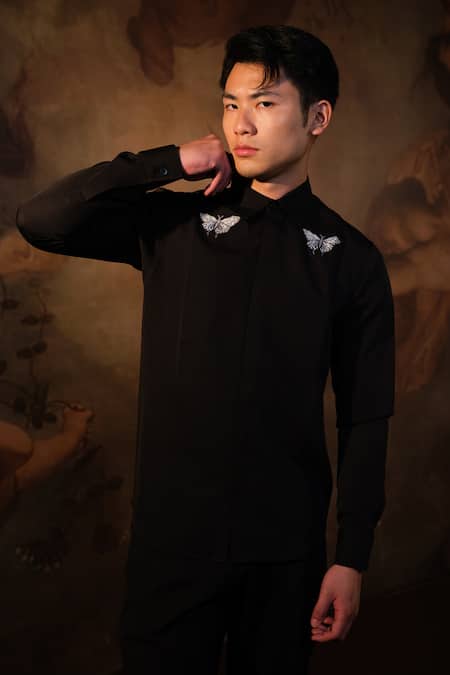 Shop House Of Koa Black Crepe Embroidered Thread Butterfly Reverie Shirt at Aza Fashions Shop_House Of Koa_Black Crepe Embroidered Thread Butterfly Reverie Shirt _at_Aza_Fashions