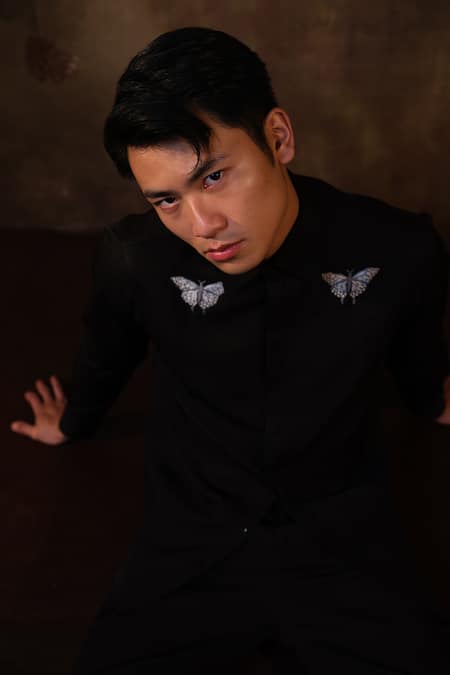 House Of Koa Black Crepe Embroidered Thread Butterfly Reverie Shirt Online at Aza Fashions House Of Koa_Black Crepe Embroidered Thread Butterfly Reverie Shirt _Online_at_Aza_Fashions