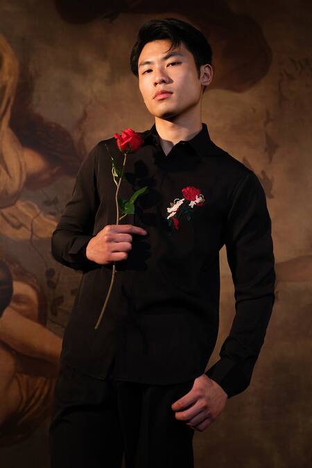 Shop House Of Koa Black Crepe Embroidered Thread Classic Romance Shirt at Aza Fashions Shop_House Of Koa_Black Crepe Embroidered Thread Classic Romance Shirt _at_Aza_Fashions
