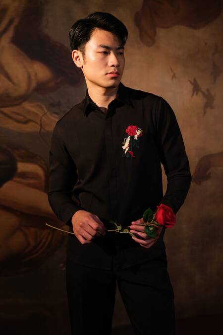 House Of Koa Black Crepe Embroidered Thread Classic Romance Shirt Online at Aza Fashions House Of Koa_Black Crepe Embroidered Thread Classic Romance Shirt _Online_at_Aza_Fashions